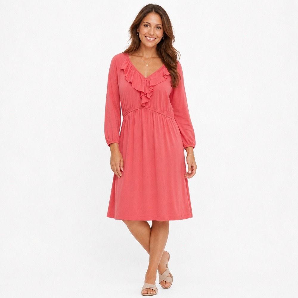 Garnet Hill Dress Womens M Coral Pink 100%‎ Cotton Ruffle Empire Waist Midi